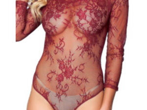 Burgundy Long Sleeve Embroidery Lace Bodysuit