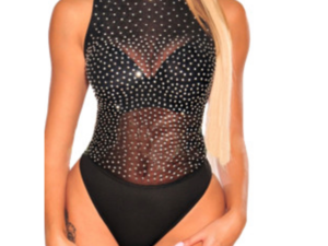 Rhinestone Studded mock neck bodysuit