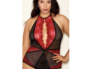 Plus Size Red Lace Backless Halter Teddy