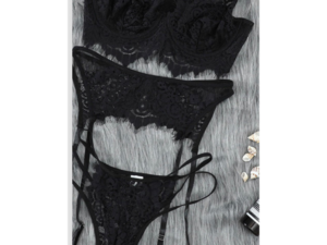 Black Spaghetti Strap Eyelash Lace Bralette Set with Garter Belt