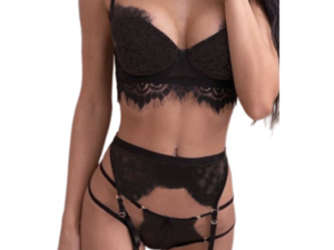 Black Spaghetti Strap Eyelash Lace Bralette Set with Garter Belt