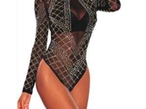 Black Rhinestone Studded Mesh Long Sleeves Bodysuit