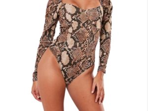 Brown Snake Print Puff Sleeve Bodysuit