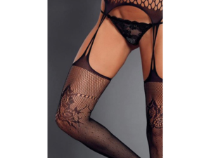 Black Floral Mesh and Fishnet Suspender Pantyhose