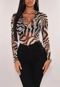 Zebra Print Zipper bodysuit